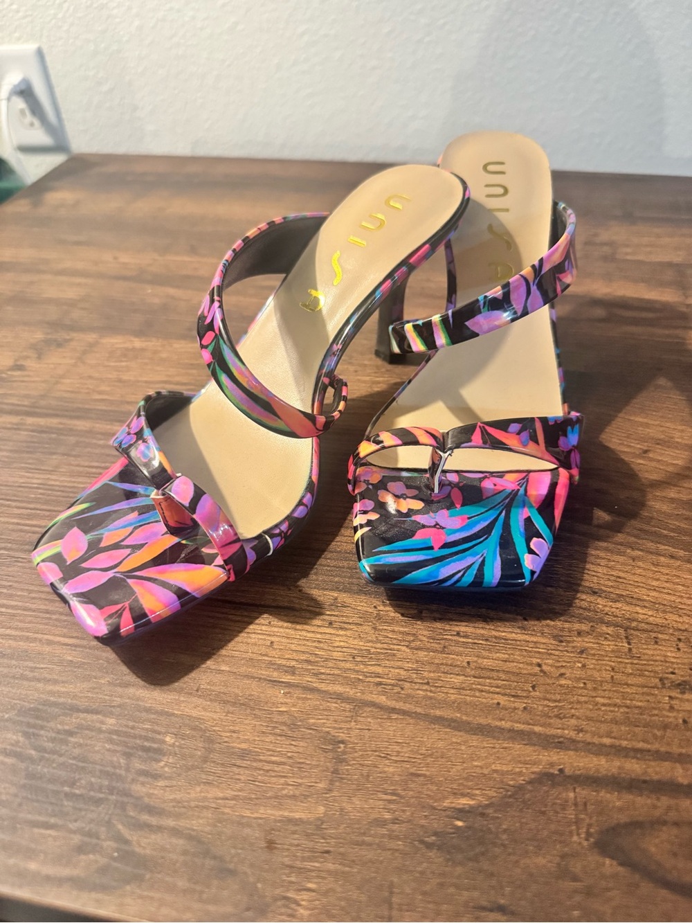 Unisa Floral Print Strappy Heeled Sandals in Black, Pink & Blue